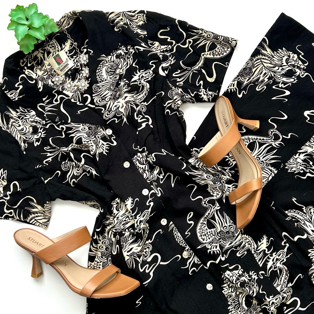 VTG 90s Tori Richard Honolulu Chinese Dragon Print Dress Black Button Front M